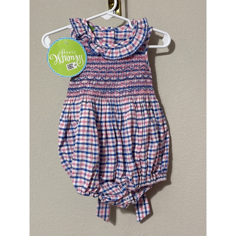 Classic Whimsy Smocked Bubble Romper Baby Girl 18M Pink Blue Gingham